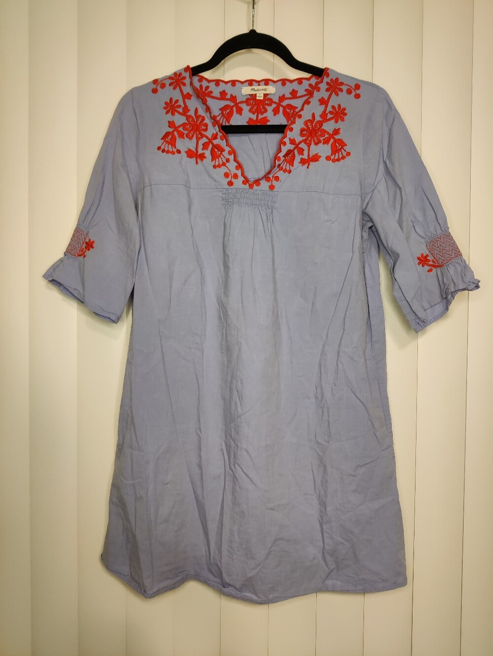 Madewell Shift Dress Light Blue with Red Embroidery